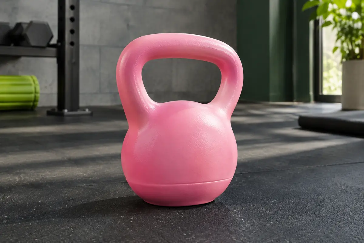 Kettlebell ZhaoCo rose de 6 kg à poignée large et base souple, posée dans un home gym