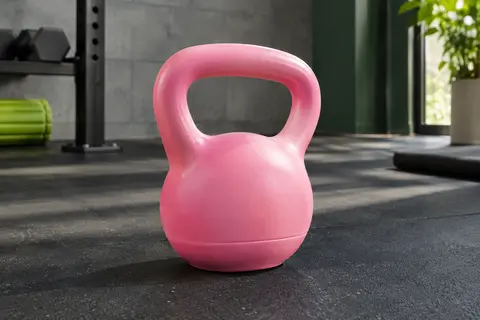 Kettlebell ZhaoCo rose de 6 kg à poignée large et base souple, posée dans un home gym