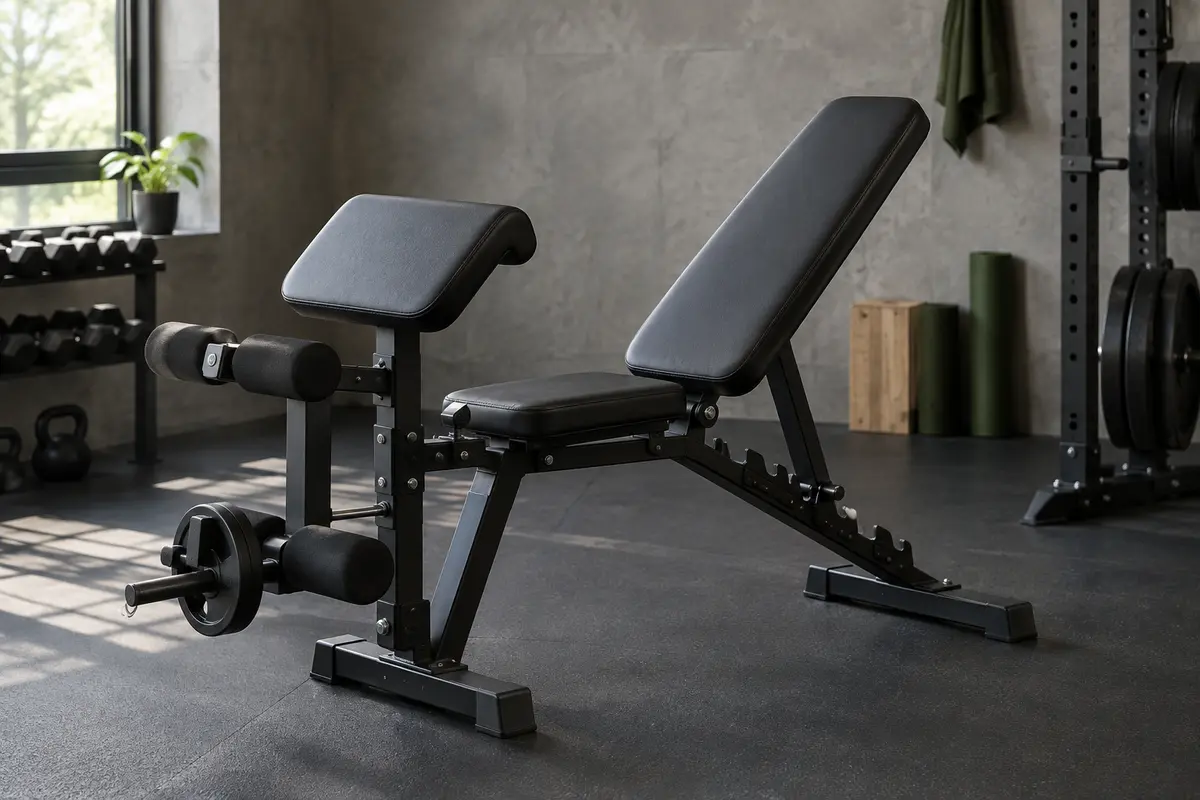 Banc de musculation pliable Zipro avec dossier réglable, leg curl et pupitre à biceps dans un home gym