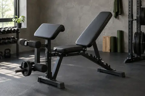 Banc de musculation pliable Zipro avec dossier réglable, leg curl et pupitre à biceps dans un home gym