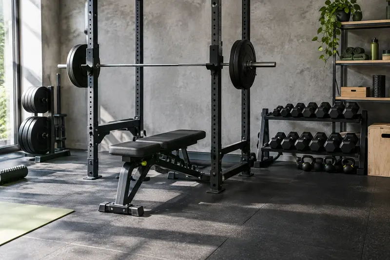Banc, charges et rangement organisés dans un espace de musculation à domicile aux matières visibles.