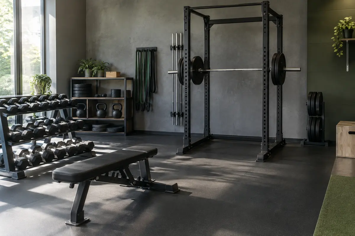 Espace de musculation à domicile avec haltères, banc et rangement dans un aménagement sobre et fonctionnel.